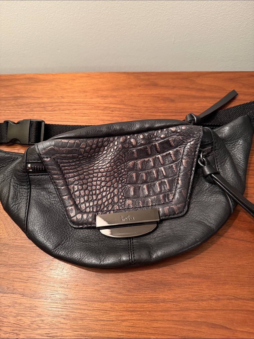 Kooba Black Croc-Accent Leather Belt Bag